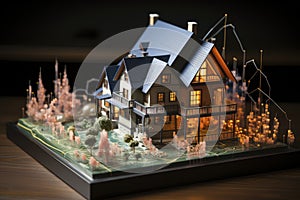 Miniature Dream Home: An Idyllic Model House Amidst a Forest of Urban Spires.