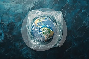 Earth globe sealed in plastic bag symbolizing pollution crisis photo