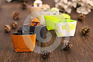 Miniature eco bags made of origami paper, shopping bags