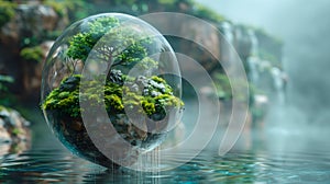 Miniature ecosystem in a transparent bubble above water, environmental concept