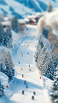 Miniature Effect on Winter Resort Wonderland Captured with Tilt-Shift Lens. AI Generated