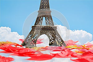 Miniature of Eiffel Photography with Red Leaves and blue sky in Autumn