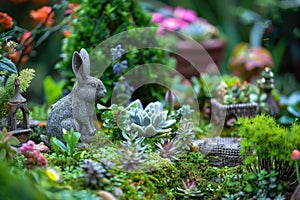 Miniature fairy garden with a stone rabbit statue, assorted succulents, and colorful flowers