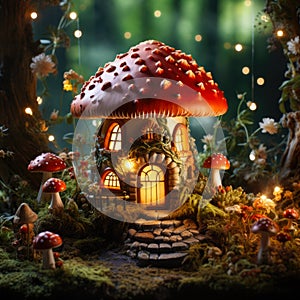 Miniature fairy house in amanita muscaria mushroom. Fairy tale mushroom house in the middle of a magical forest