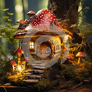 Miniature fairy house in amanita muscaria mushroom. Fairy tale mushroom house in the middle of a magical forest