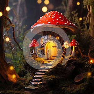 Miniature fairy house in amanita muscaria mushroom. Fairy tale mushroom house in the middle of a magical forest