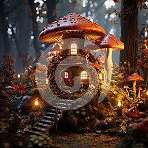 Miniature fairy house in amanita muscaria mushroom. Fairy tale mushroom house in the middle of a magical forest