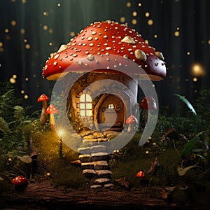 Miniature fairy house in amanita muscaria mushroom. Fairy tale mushroom house in the middle of a magical forest