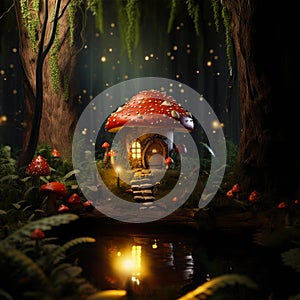 Miniature fairy house in amanita muscaria mushroom. Fairy tale mushroom house in the middle of a magical forest