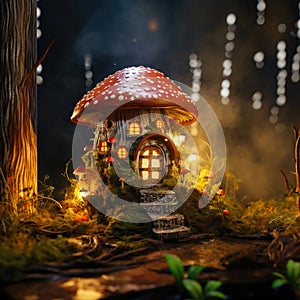 Miniature fairy house in amanita muscaria mushroom. Fairy tale mushroom house in the middle of a magical forest