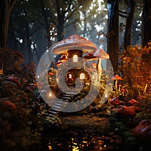 Miniature fairy house in amanita muscaria mushroom. Fairy tale mushroom house in the middle of a magical forest