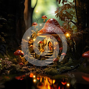 Miniature fairy house in amanita muscaria mushroom. Fairy tale mushroom house in the middle of a magical forest