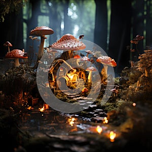 Miniature fairy house in amanita muscaria mushroom. Fairy tale mushroom house in the middle of a magical forest