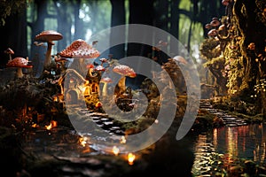 Miniature fairy house in amanita muscaria mushroom. Fairy tale mushroom house in the middle of a magical forest