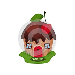 Miniature fantasy house in form of sweet cupcake with chocolate roof and red cherry on top. Cartoon flat vector design