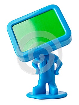 Miniature figure with empty board instead a head. Blue toy on white background with clipping path.