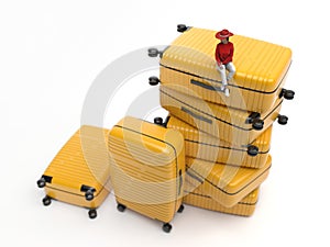 Miniature figure of a small midget woman sits on large yellow travel suitcases on a white background. Girl is preparing for the