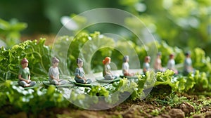 Miniature figures meditating on leaves amidst a garden setting., Generated AI