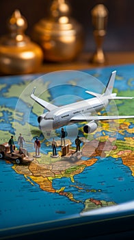 Miniature figures, representing male and female travelers, stand near a world map and airplane