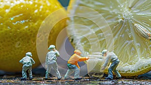 Miniature Workers Harvesting Fresh Lemon Juice