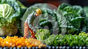 A miniature figurine of a construction worker picking up lettuce, AI