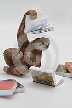 miniature figurine toy of a sloth with many books