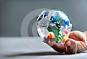 Miniature globe enclosed in plastic wrap