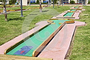 Miniature golf course in hotel. Entertainment for tourists at hotel