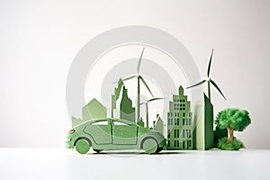 Miniature green car and wind turbines on white background with copy space, Generative AI