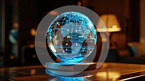 A miniature hologram of a globe spins on a table projecting a web of routes and destinations highlighting the global photo