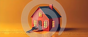 Miniature Home and Key: Secure Real Estate Concept. Concept Secure Real Estate, Miniature Home, Key
