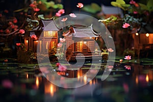 Miniature house on a canal with pink lotuses photo