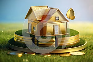 miniature house with coins and plant shoots symbolizes financial growth and real estate investment.