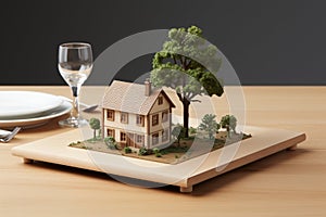 Miniature house design on table with keys, concept of real estate purchase and home ownership
