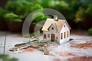 miniature house on the floor with keys on the background.