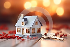 miniature house on the floor with keys on the background.