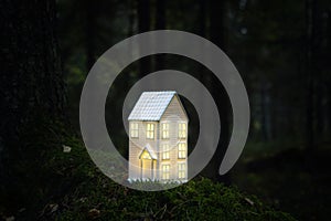 Miniature house in the forest at night. Home and property business.