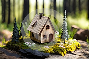 Miniature house on green grass. Real estate concept. Modern housing. Eco-friendly and energy efficient house. Buying a home