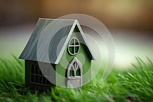 Miniature house on green grass. Real estate concept. Modern housing. Eco-friendly and energy efficient house. Buying a home