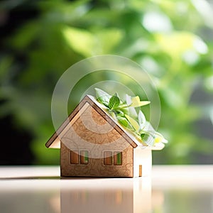 Miniature house with green leaves on bokeh background, environmental concept Ai generative