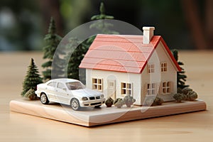 Miniature house and keys on table representing real estate purchase and home ownership concept