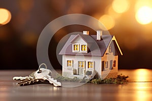 Miniature house model with keys. Real estate, investment, property insurance, mortgage, home loan, and savings concept. Buying or