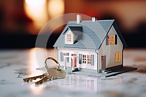 Miniature house model with keys. Real estate, investment, property insurance, mortgage, home loan, and savings concept. Buying or