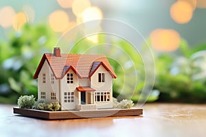 Miniature house model on table. Real estate, investment, property insurance, mortgage, home loan, and savings concept. Buying or