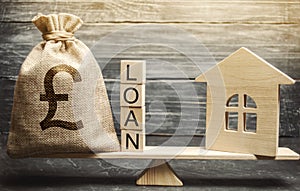 Miniature house and money bag with the word Loan on the scales. The concept of mortgage housing and real estate loans. Buy an