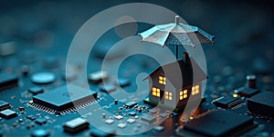 A miniature house nestles under a protective umbrella, symbolizing safety, comfort, and resilience against life\'s unpredictable photo