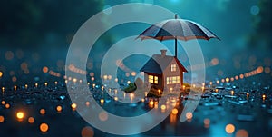 A miniature house nestles under a protective umbrella, symbolizing safety, comfort, and resilience against life\'s unpredictable photo