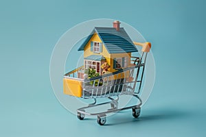 Miniature House in Shopping Cart on Blue Background