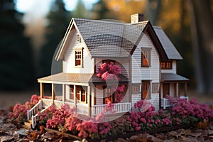 Miniature house on table with keys, real estate purchase concept for property investment