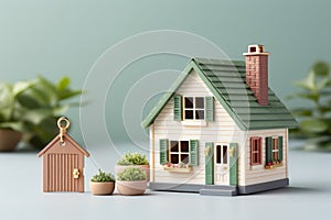 Miniature house on table with keys, symbolizing real estate purchase and home ownership concept